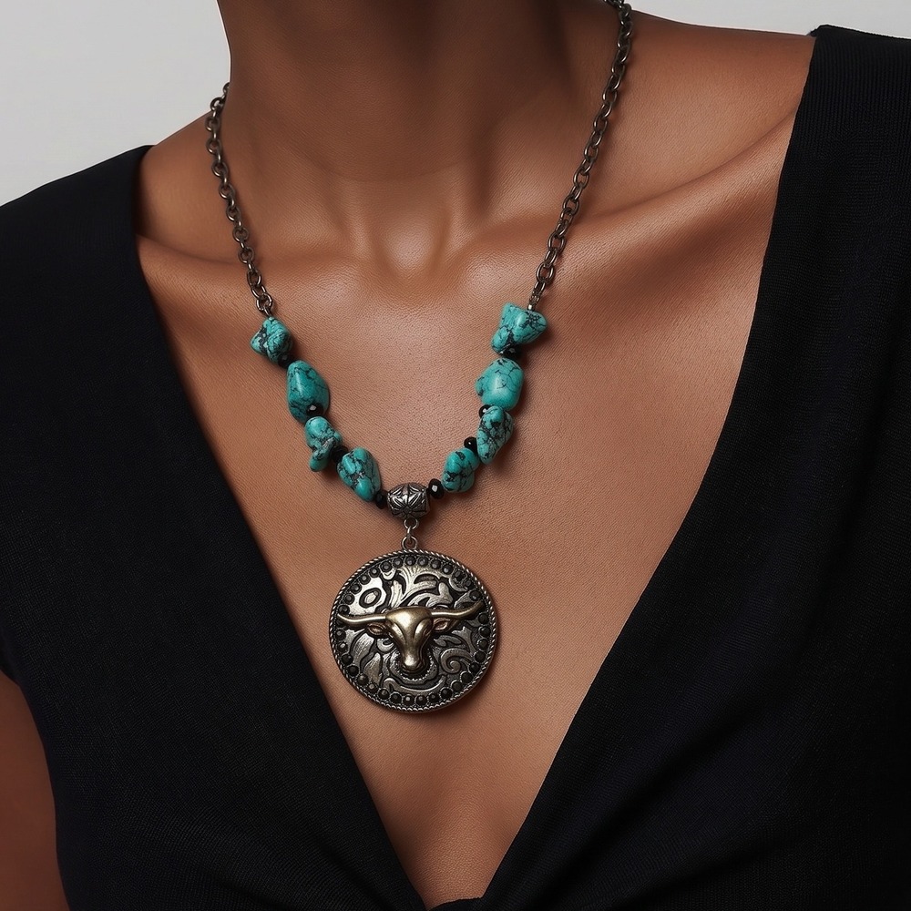 Western Longhorn Bull Medallion Turquoise Coastal Cowgirl Necklace Silver Tone